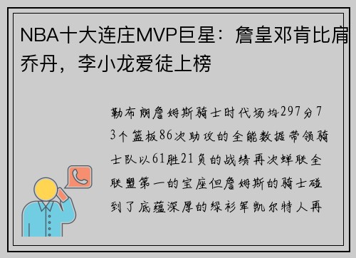 NBA十大连庄MVP巨星：詹皇邓肯比肩乔丹，李小龙爱徒上榜
